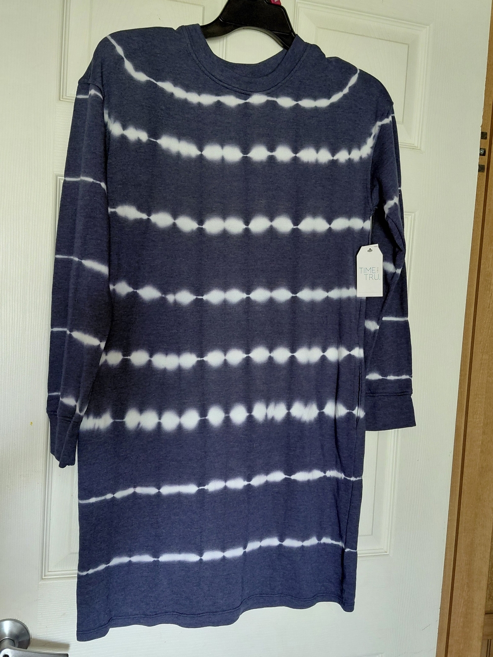 Time and Tru Navy and White Tie-Dye Long Sleeve Shirt Dress